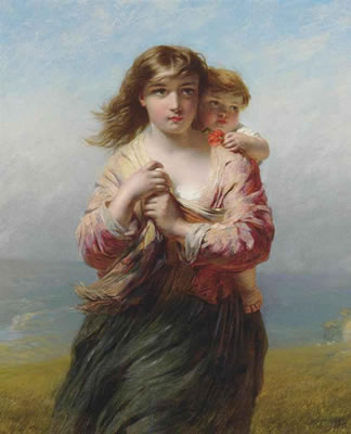 Mother and child on a hillside overlooking the sea by James John Hill - Auction record, sale price, and art valuation. Compare with similar artists and explore comparable artworks.