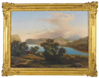 A lakeland landscape with figures on a track