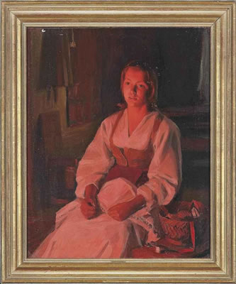 SEWING BESIDE THE FIRE by Sam Uhrdin - Auction record, sale price, and art valuation. Compare with similar artists and explore comparable artworks.