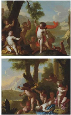 Putti disporting in a river landscape; and Putti disporting in a landscape