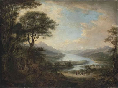 A view of Loch Tay, from the West, at Killin, with travellers on a path and a village beyond