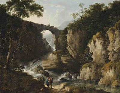 A wooded landscape with figures on a track, a bridge beyond