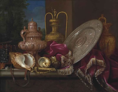 A silver incense burner and sideboard dish, a silver-gilt ewer and vase with nautilus shells, a sabre and a jewelry box on a ledge draped with a velvet curtain by Meiffren Conte - Auction record, sale price, and art valuation. Compare with similar artists and explore comparable artworks.