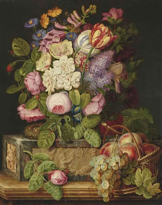 Roses, tulips and other flowers on a sculpted plinth, with a nest and peaches and grapes in a wicker basket