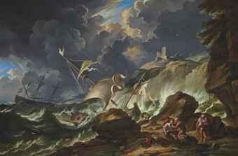 A stormy seascape with Dutch shipping being wrecked off the coast
