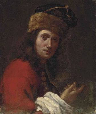 Portrait of a man, bust-length, in a red, fur-trimmed coat and black fur hat