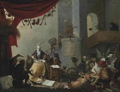 An interior with a goat eating an oyster, a donkey at a school desk, a cat playing tric-trac and other mythical creatures