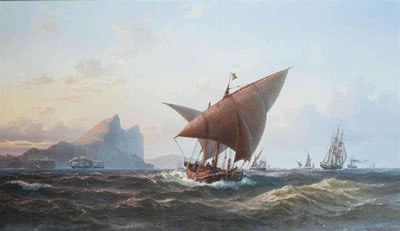 A Spanish felucca, British warships and other shipping in the Mediterranean off Gibraltar