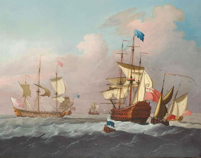 Ships of the fleet hove-to offshore awaiting the arrival of an Admiral of the Blue approaching the flagship in his barge
