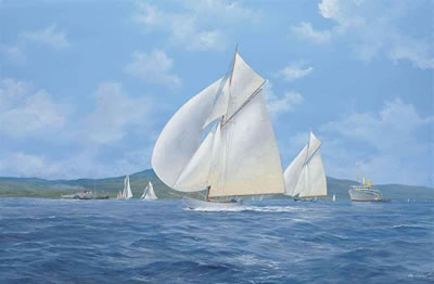 Sonya and Candida racing downwind on the Clyde with the paddle steamer Marmion and H.M.S. Balmoral Castle astern of them (illustrated); and Lulworth and Candida racing on the Clyde with the Union Castle Line's Edinburgh Castle at anchor beyond
