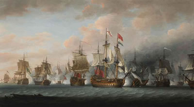 Admiral Rodney's flagship H.M.S. Formidable, 98-guns, breaking the line, at the beginning of the Battle of the Saintes, 12th April 1782