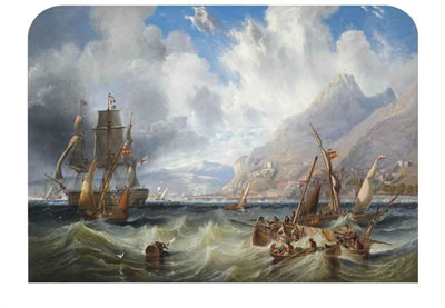 A large Second Rate, probably H.M.S. Asia passing through local small craft off Gibraltar