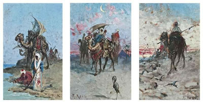 Bedouins in the desert, a set of three