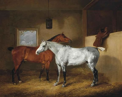 A dappled grey and a chestnut hunter in a stable, with Windsor Castle beyond