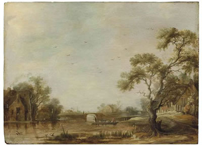 A river landscape with a village, figures crossing in a ferry by a bridge, a church beyond