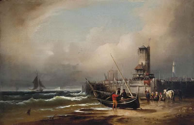 Unloading the day's catch, at low tide, before a continental harbour