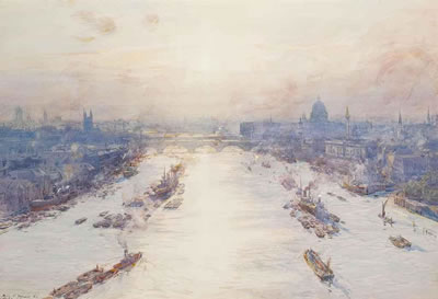 An extensive view of London observed from Tower Bridge looking towards St. Paul's Cathedral
