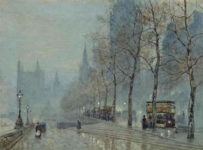 A winter's evening on the Embankment with the Houses of Parliament beyond