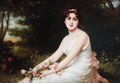 A beauty holding a bouquet of roses by a lake