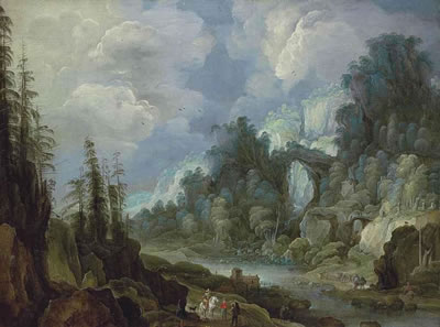An extensive mountainous, river landscape with travellers