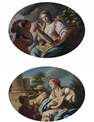A young lady playing a tambourine, with two women playing the castanets; and A young man playing the mandolin, with others playing the violin and rommelpot
