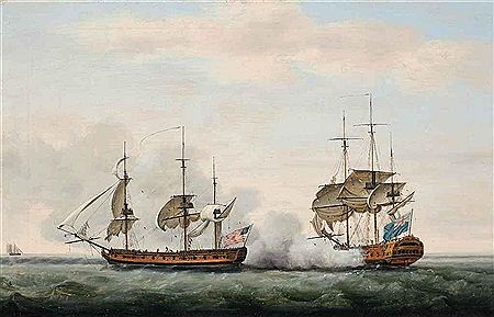 The East India Company's ship Bridgewater sucessfully defending her cargo from an attack by the American privateer Hampden on her way from St. Helena to England on 8th March 1779
