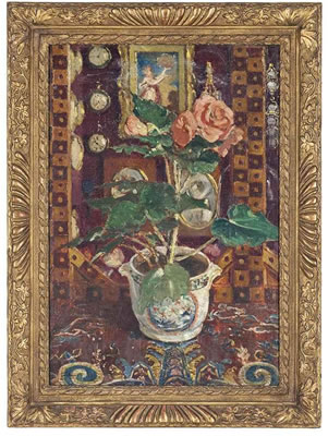 Roses and paintings in an interior