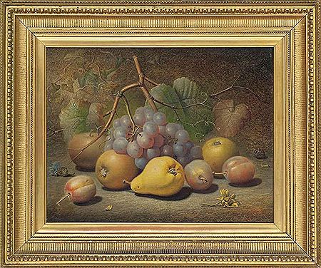 Grapes, apples, plums, pear and a thistle on a mossy bank