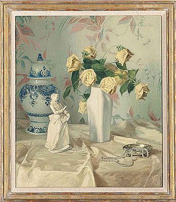 Yellow roses with a white figurine