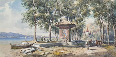 Turks at a water fountain by the Bosphorus by Charles Edmund Rowbotham - Auction record, sale price, and art valuation. Compare with similar artists and explore comparable artworks.