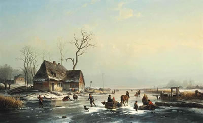 Skaters on a Dutch waterway by a riverside town
