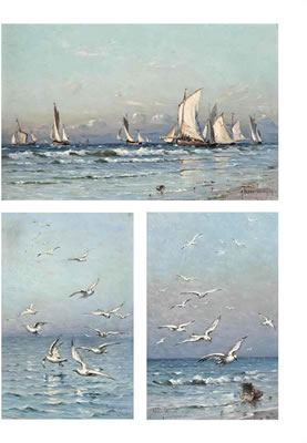 Fishing boats close to shore; Seagulls (3)
