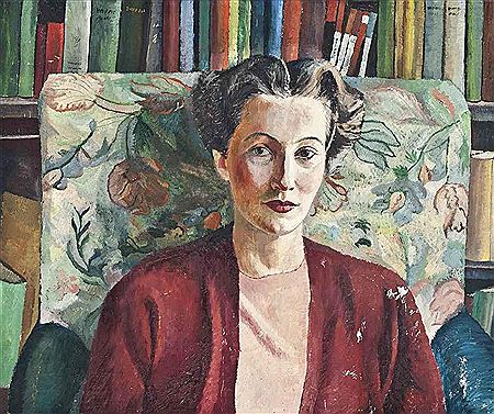 Portrait of a lady in red, in a library
