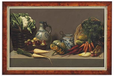 Vegetables and baskets on a ledge