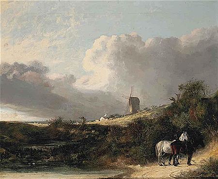 A view near Woodbridge, with two horses by a pond, a windmill beyond