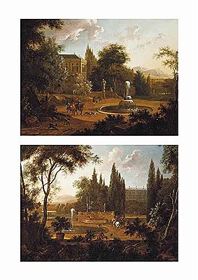 A hunting party beside a fountain; and Elegant company beside a fountain with hounds drinking water (pair)