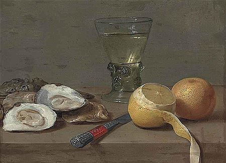 Oysters, a roemer, a partly peeled lemon, an orange and a knife on a stone ledge