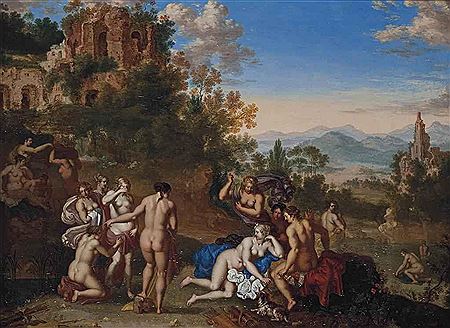 Diana surrounded by nymphs in a classical landscape