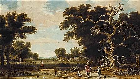 An extensive wooded river landscape with a horseman on a track, a village beyond