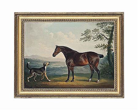 A horse and a hound in a wooded landscape