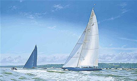 THE J CLASS SOLENT REGATTA, 2012: VELSHEDA RACING INSHORE OFF OSBORNE BAY SURROUNDED BY SPECTATOR CRAFT