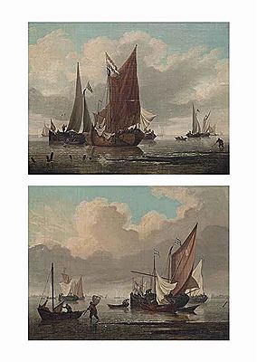 DUTCH SMALSCHIPS AND HOOKERS IN A CALM ON THE SCHELDT; AND DUTCH SMALSCHIPS RETURNING TO THEIR ANCHORAGE ON THE SCHELDT (BOTH ILLUSTRATED) (a pair)
