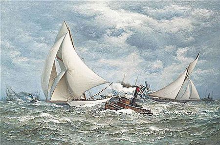 'TWENTY MILES TO WINDWARD': THE AMERICA'S CUP, 1887, VOLUNTEER VERSUS THISTLE by James Gale Tyler - Auction record, sale price, and art valuation. Compare with similar artists and explore comparable artworks.