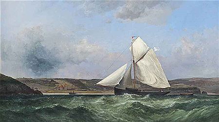 A RACING CUTTER SAILING INSHORE OFF THE WORM'S HEAD, WALES; AND A GAFF-RIGGED BOAT OFF THE MUMBLES, SWANSEA, WALES, WITH LLAN-Y-MAR HOUSE ON THE SHORE (ILLUSTRATED) (2)