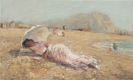 THE GIRL IN THE PINK DRESS, THE ARTIST'S WIFE, ON HASTINGS BEACH by Harry Mitton Wilson - Auction record, sale price, and art valuation. Compare with similar artists and explore comparable artworks.