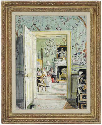 Nancie Sheffield seated in the Boudoir at Sutton Park York, seen from the Chinese Drawing Room