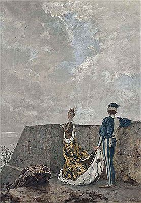 A courtier attending to a princess on the castle walls