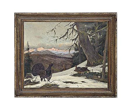 Grouse in a snowy forest, on a mountain side