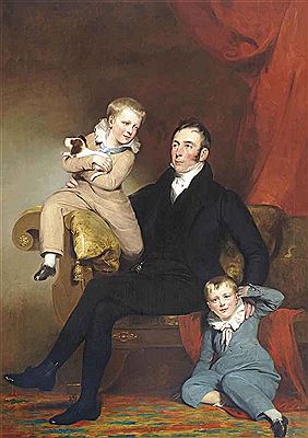Portrait of William Johnston of Lathrick with his two sons, full-length, the father seated wearing a dark suit and white cravat, one son wearing blue on the floor with his father's hand on his shoulder, the other on the arm of his father's chair, holding