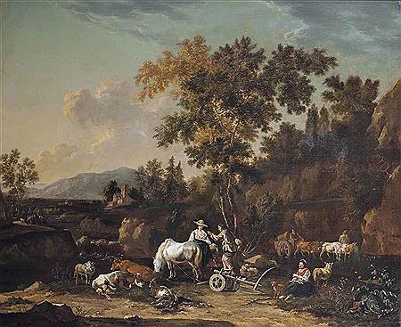 A wooded landscape with peasants on a track